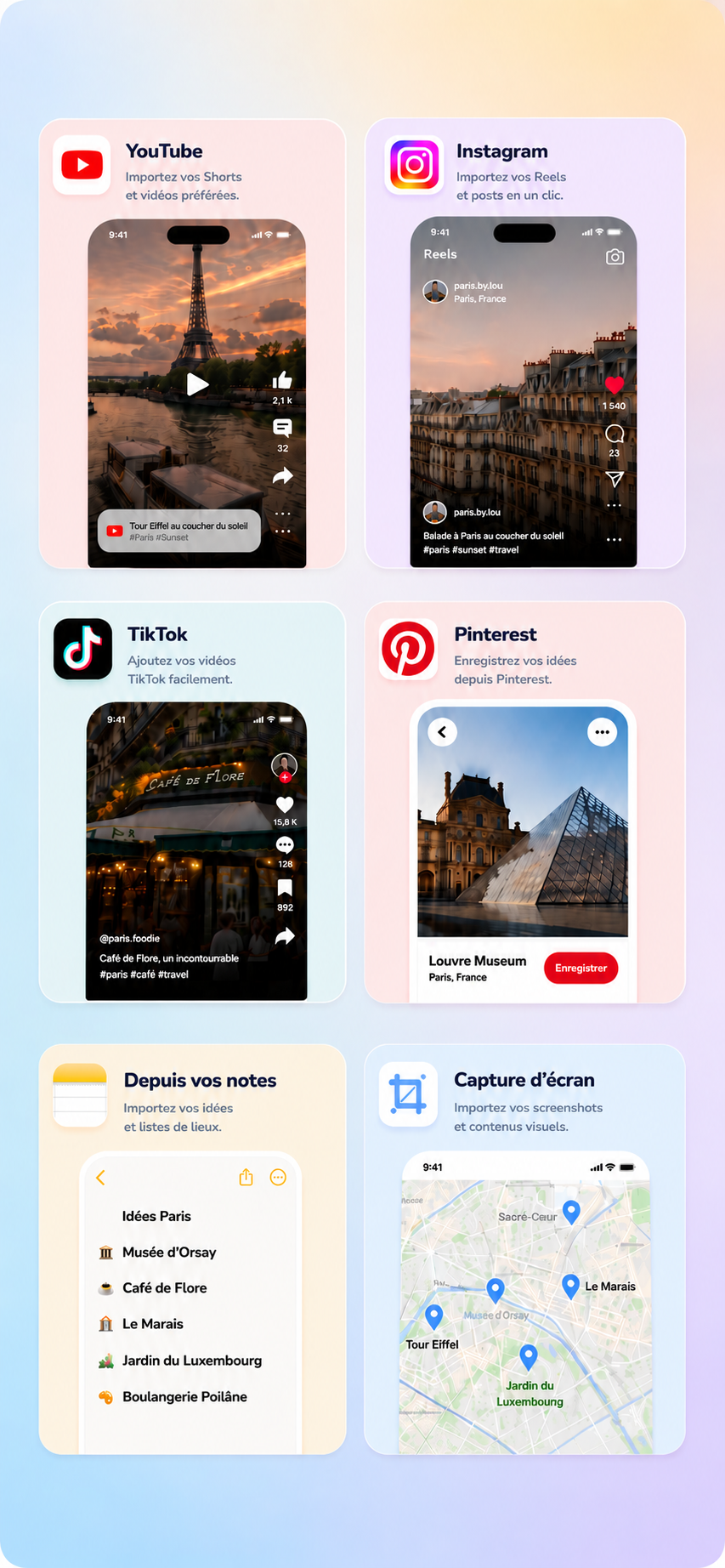 Capture des sources d'import Saved Trip : YouTube, Instagram, TikTok, Pinterest, notes et captures