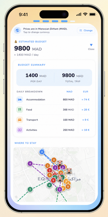 Écran budget estimé et carte de voyage