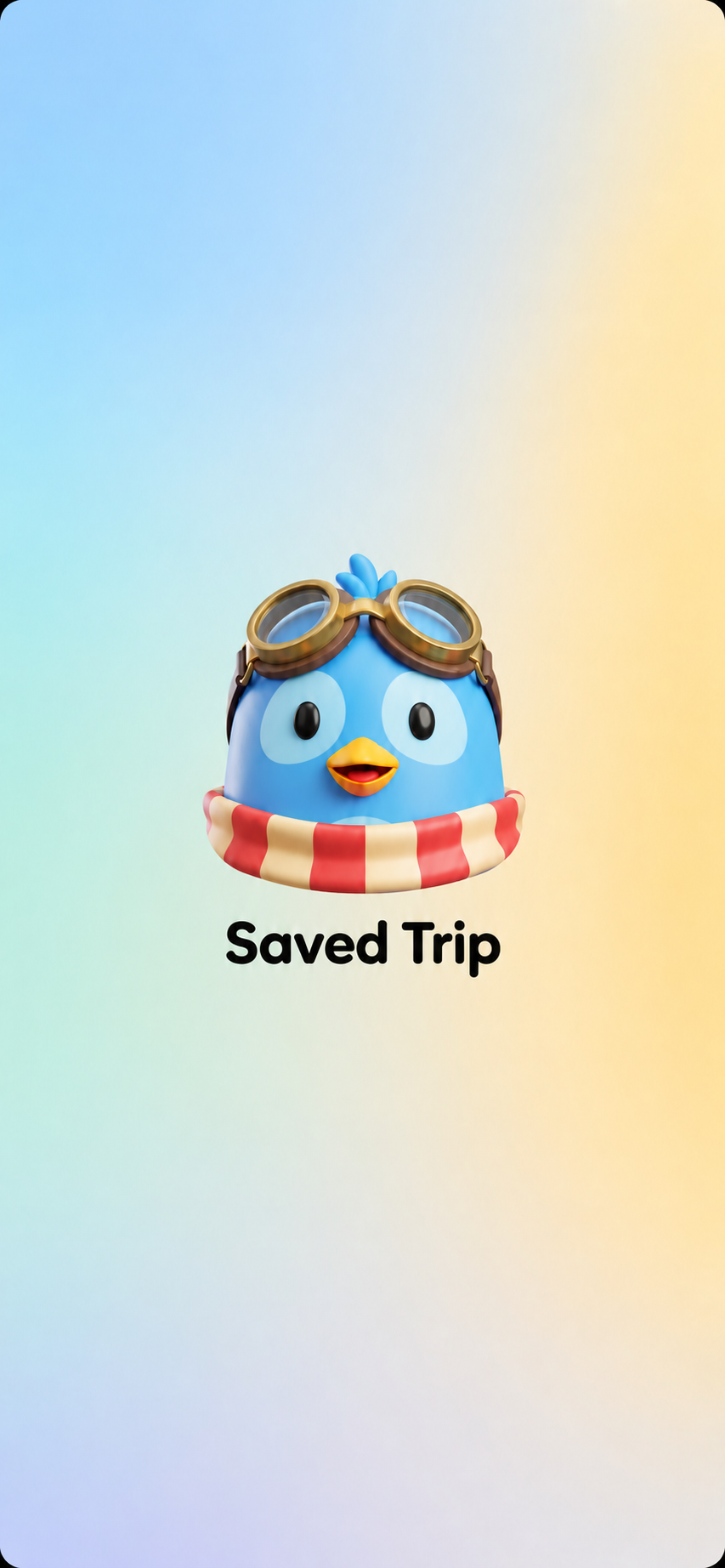 Écran d'onboarding Saved Trip avec Pilo et le logo Saved Trip